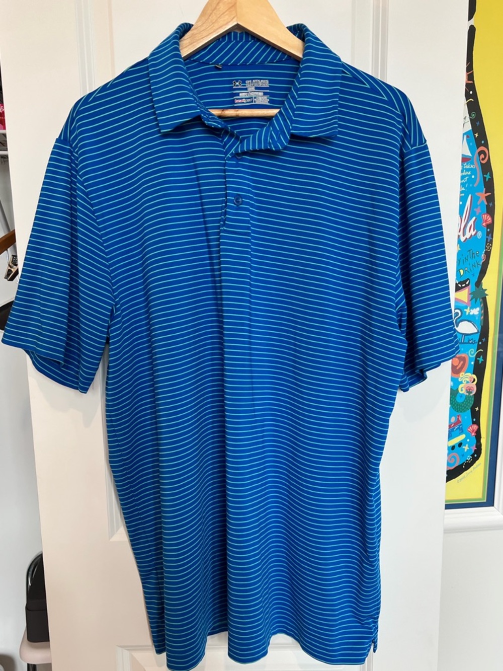 Under Armour Heat Gear Polo Shirt Loose Fit Men’s Size XXL Blue Striped Golf